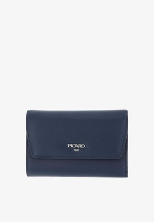 Navy blue leather wallet with a fold-over flap, silver logo detail, and smooth texture. Features a sleek rectangular design.