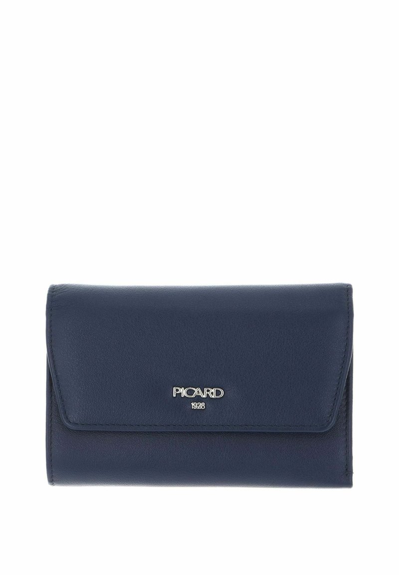 Navy blue leather wallet with a fold-over flap, silver logo detail, and smooth texture. Features a sleek rectangular design.