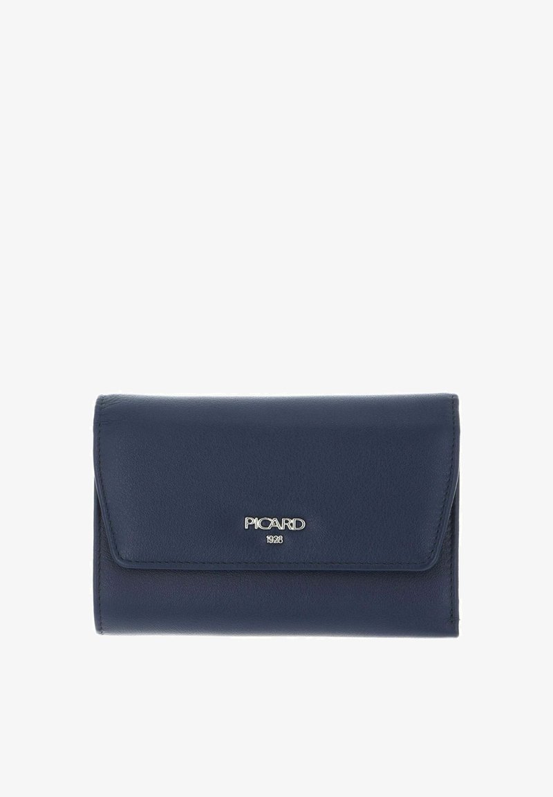 Navy blue leather wallet with a fold-over flap, silver logo detail, and smooth texture. Features a sleek rectangular design.