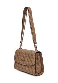 Borsa a tracolla marrone a fantasia con catena, tessuto testurizzato e chiusura a ribalta. Presenta un accento in oro con logo sul davanti.