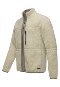 Fleece jacket in off-white with textured surface, high collar, and zippered front. Features contrasting beige trim and side pockets.