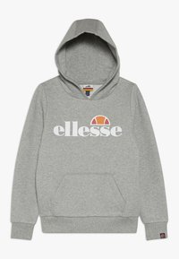 Grauer Kapuzenpullover mit einer Vordertasche, Kordelzug-Kapuze und einem weißen "ellesse"-Logo, das darüber einen bunten Halbkreis zeigt. Stoff aus Baumwollgemisch.