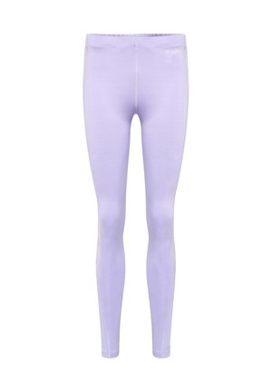 Fliederfarbene Damen-Sportleggings in voller Länge mit hohem Bund und dezentem Markenlogo an der oberen linken Hüfte.