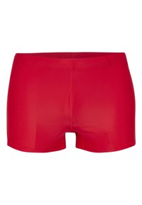 Červené športové kraťasy vyrobené z hladkej, elastickej látky. Majú priliehavý strih s elastickým pásom a dĺžku do polovice stehna.