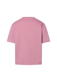 Kurzes pinkes T-Shirt, kurze Ärmel, Rundhalsausschnitt, aus Baumwolle, glatte Textur, schlichtes Design, keine sichtbaren Logos oder Muster auf der Rückseite.