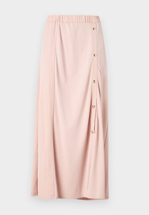 Růžová maxi sukně s elastickým pasem, vybavená bočním zapínáním na knoflíky a měkkou, hladkou tkaninou. Lehce a volně padnoucí design.