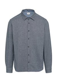 Grijze button-up overhemd gemaakt van gestructureerde stof. Beschikt over een spitse kraag, lange mouwen en zes knopen aan de voorkant.