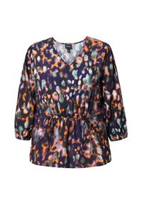 Mehrfarbiges Oberteil mit V-Ausschnitt, Dreiviertelärmeln, geraffter Taille mit Kordelzug, aus weich fließendem, gemustertem Stoff.