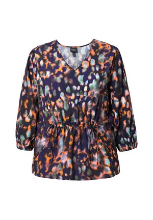 Multicolored top featuring a v-neck, three-quarter sleeves, cinched waist with drawstring, in a soft, patterned fabric with a fluid drape.