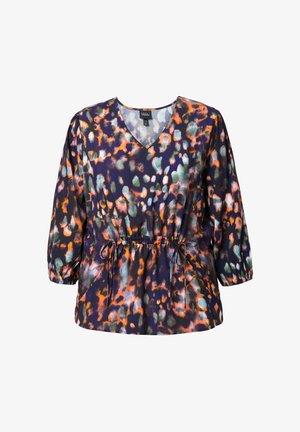 Multifarvet top med v-hals, trekvartærmer, indsnøret talje med snor, lavet af et blødt, mønstret stof med en let fald.