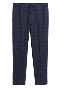 Marineblauwe geruite broek met een elastische tailleband en aanpasbare trekkoord. Gemaakt van stof met een gladde textuur en een subtiel ruitpatroon.