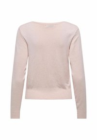Pull (sweater) rose clair avec un col rond, des manches longues et un ourlet ajusté. Le tissu semble doux avec une texture lisse et un motif tricoté uniforme.