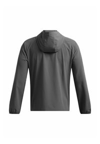 Grå letvægtsjakke med hætte, lange ærmer og en glat tekstur. Har elastiske manchetter og et minimalistisk design.