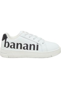 Biele tenisky s čiernym logom "banani", textúrovaný bok, okrúhly špička, viazanie na šnúrky vpredu a čierny akcent na päte. Gumová podrážka s ryhovaným vzorom.