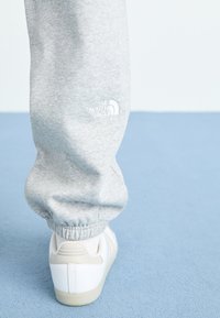 Asmuo vilkintis šviesiai pilkus „North Face“ sportinius kelnes ir baltus sportbačius stovi ant mėlynos grindų.