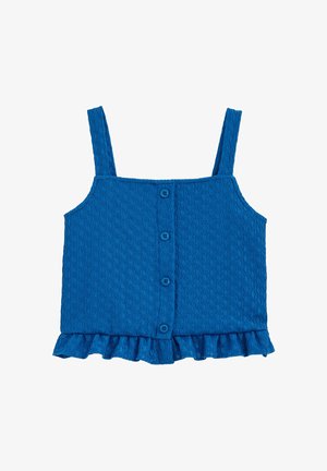 Mėlynas trumpas švarkelis, pagamintas iš tekstūruoto audinio, su plonomis petnešėlėmis, šešiais priekiniais mygtukais ir volanų apdaila apačioje.