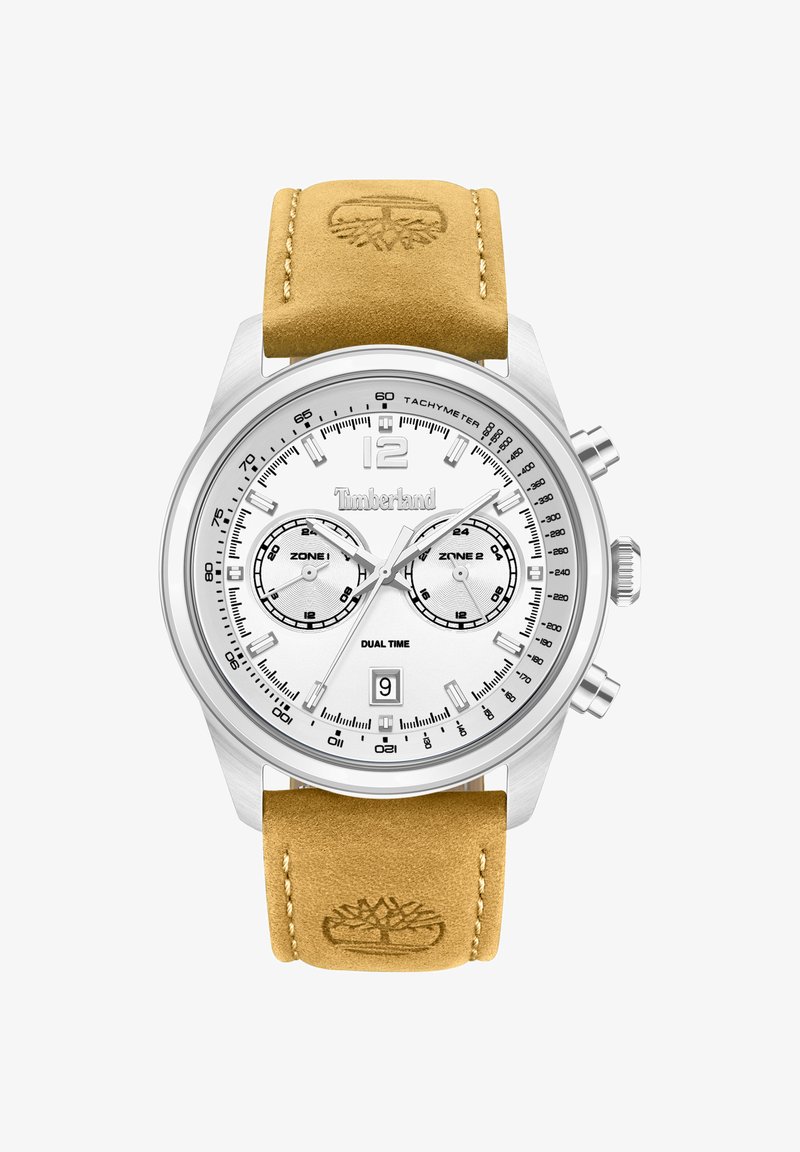 Montre Timberland bicolore argent avec cadran blanc, tachymètre, deux sous-cadrans, guichet de date et bracelet en cuir tan embossé du logo arbre.