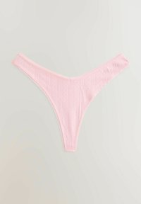 Pink lace thong with vertical stripes, featuring a low-rise design and delicate picot trim along the waistband and leg openings.