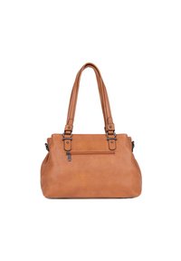 Borsa a tracolla in pelle marrone con due lunghe maniglie, una tasca frontale con zip e accessori metallici. Texture liscia, forma strutturata.