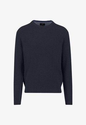 Granatowy, prążkowany sweter dziany z okrągłym dekoltem, długimi rękawami i fakturowanym wzorem; jednolity kolor bez dodatkowych akcentów.