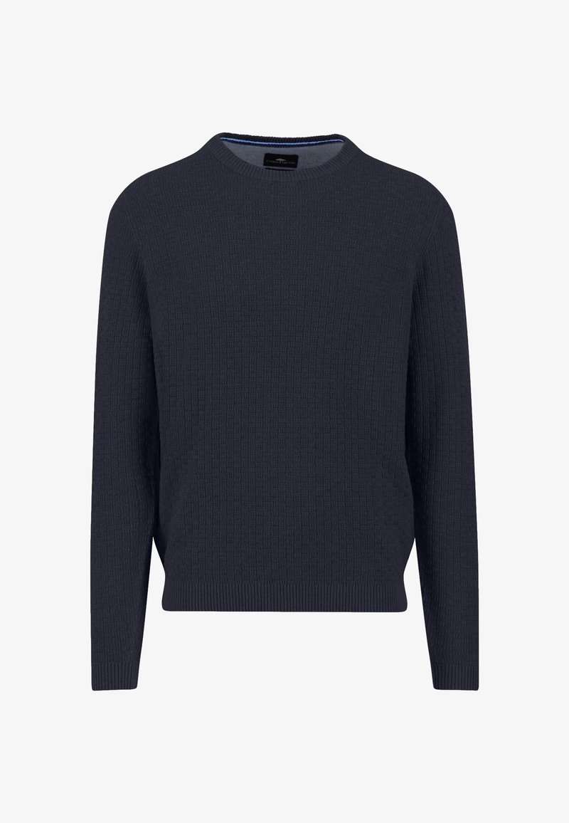 Marineblauwe geribbelde gebreide trui met een ronde hals, lange mouwen en een gestructureerd patroon; heeft een effen kleur zonder extra accenten.