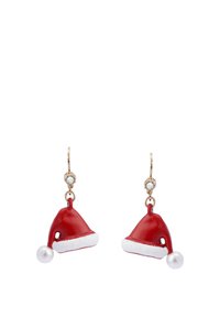 Röda julgranshattörhängen med vit fluffig kant. Varje örhänge har en pärlaccent och en liten kristalldetalj upptill.