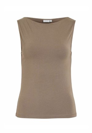 Top para mujer sin mangas en color topo, con escote barco, silueta ajustada y tela lisa.