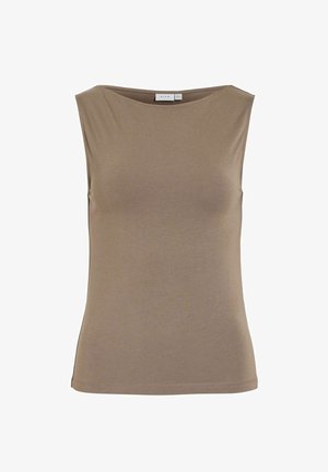 Bezroku sieviešu topiņš taura krāsā ar kuģa formas izgriezumu, pieguļošu siluetu un gludu audumu.