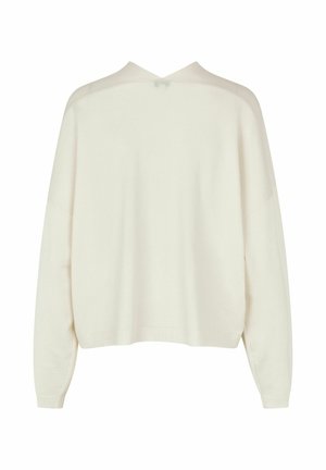 Suéter blanco de punto con escote en V y diseño de hombros caídos. Presenta puños y dobladillo acanalados, textura suave y sin hardware visible.