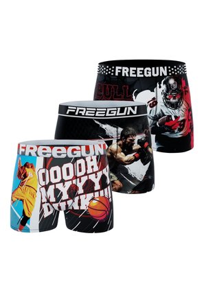 Trois paires de boxers pour hommes avec des motifs à thème sportif : un dunk de basketball, un combat de boxe, et un joueur de football américain, tous marqués "FREEGUN".