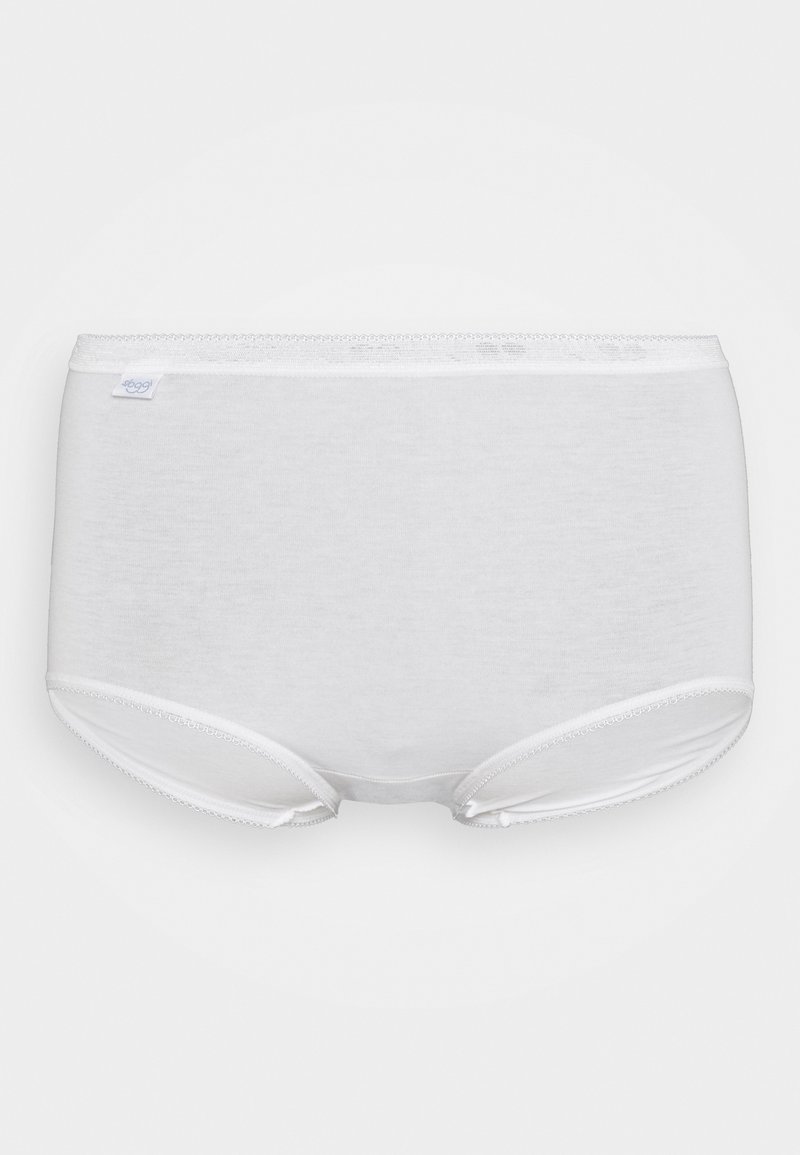White cotton hipster panties with a smooth finish. Features lace trim at the waistband and leg openings, and a small logo tag.