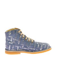 Stivaletti blu con un motivo ripetuto del logo "Kickers", lacci color nocciola e suola in gomma con finitura testurizzata.