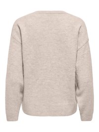 Pull beige à manches longues en maille avec poignets et ourlet côtelés, vu de dos sur un fond blanc uni.