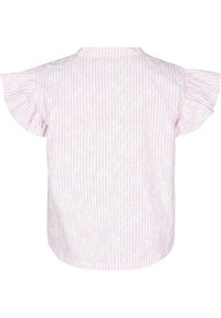 Top a maniche corte di un delicato rosa chiaro con sottili righe bianche, dotato di maniche arricciate e di un motivo floreale, realizzato in leggero cotone.