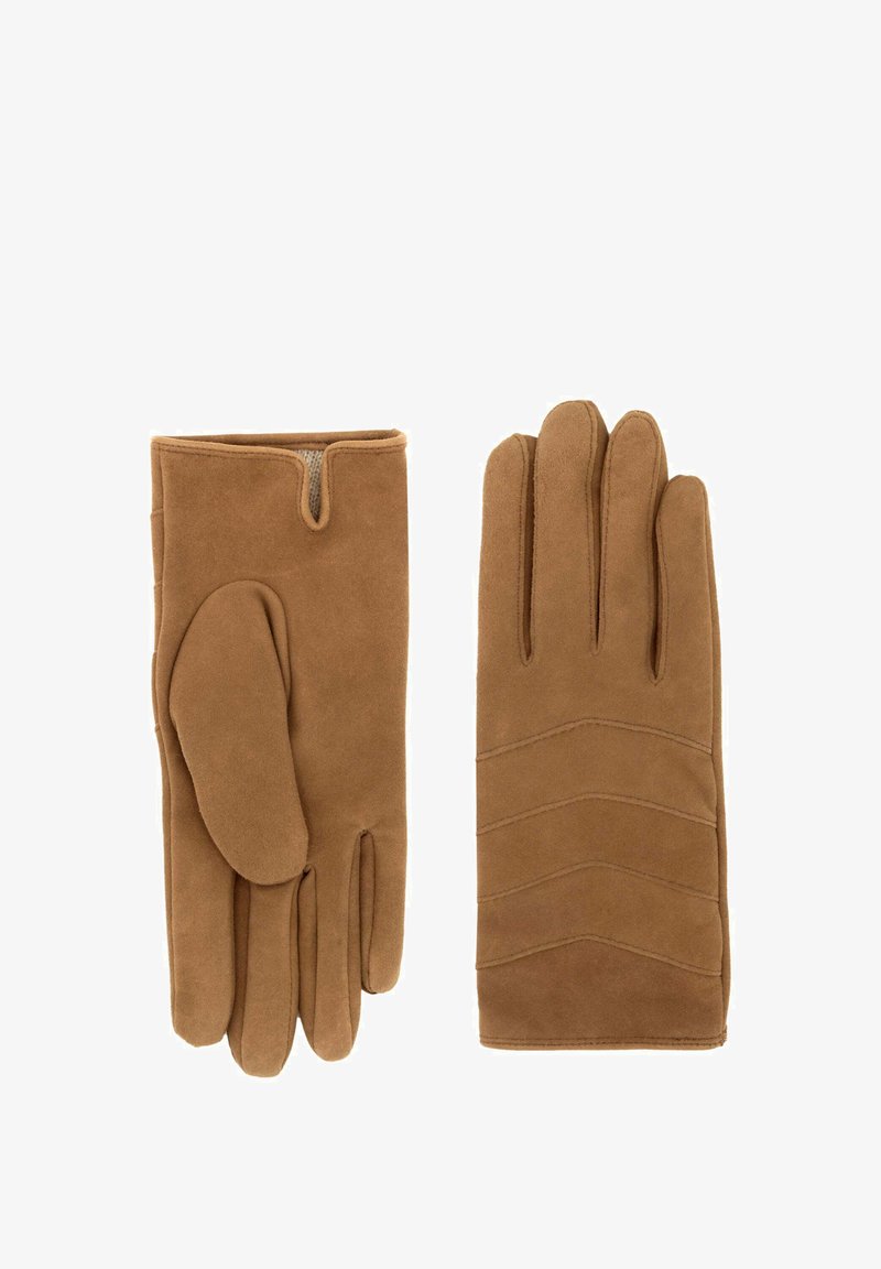 Gants en suede marron dotés d'un design à cinq doigts et d'un pouce séparé, avec une couture horizontale texturée au dos d'un des gants.