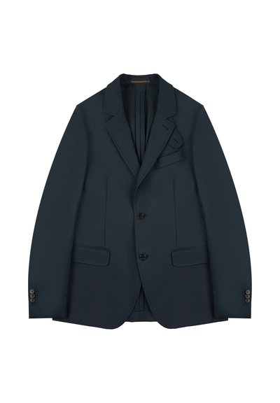 Blazer azul marino hecho de tela suave, con solapa de muesca, dos bolsillos frontales, cierre de un solo botón y tres botones en cada puño.