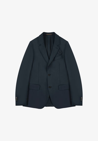 Navyblauer Blazer aus glattem Stoff, mit Reverskragen, zwei vorderen Taschen, einer Knopfschließe und drei Knöpfen an jedem Ärmel.