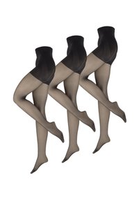 Undurchsichtige schwarze Strumpfhosen mit einem glatten, transparenten Bein Design, versehen mit einem hohen Bund und drei Paaren, die in einer überkreuzten Pose angeordnet sind.
