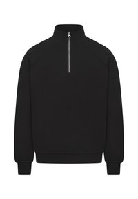 Black pullover sweatshirt with a high collar, quarter zip, and ribbed cuffs. Made of soft fabric with a smooth texture. Simple design.