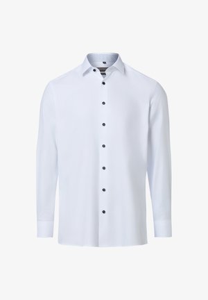 Weißes Herrenhemd mit langen Ärmeln, schwarzen Knöpfen und spitzem Kragen, auf weißem Hintergrund abgebildet.