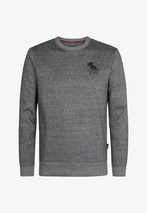 Sudadera gris hecha de una tela suave, con cuello redondo, mangas largas y un discreto detalle de logo negro en el pecho.