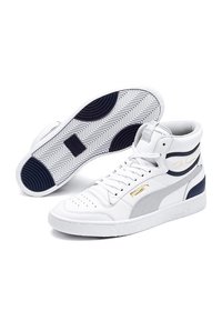Paire de baskets montantes blanches Puma avec des détails gris et bleu marine, logo Puma doré, et semelles texturées avec des patchs antidérapants bleu marine.