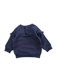 Sweat-shirt bleu marine à manches longues, avec des volants froncés sur les épaules, un col rond et un détail de bouton dans le dos. Matière douce.