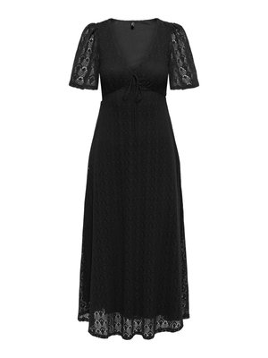 Mustast pitsist midi-kleit lühikeste pufvarrukate, V-kaeluse ja rinnal lipsudetailiga, millel on poolläbipaistev tekstuuriga muster üle kogu pinna.