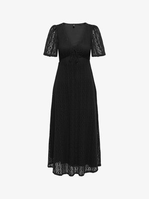Black lace midi dress with short puff sleeves, V-neckline, and tie detail at the chest, featuring a semi-sheer textured pattern throughout.