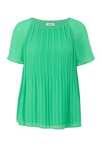 Blouse vert vif à manches courtes avec devant plissé et manches transparentes, col rond et coupe fluide et décontractée.