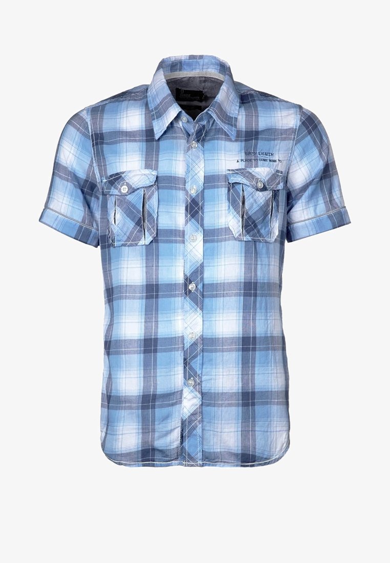 Krátký rukáv kostkované košile v světle modré a námořnické barvě. Obsahuje dvě náprsní kapsy, zapínání na knoflíky vpředu a límec s kontrastním prošitím.