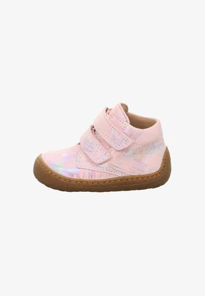 Pink children's high-top shoes featuring a shimmering finish, two Velcro straps, and a textured rubber sole. No laces are present.