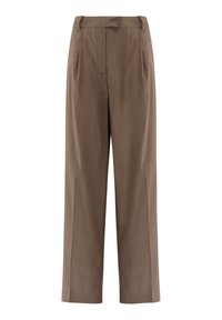 Braune weit geschnittene Hosen aus leichtem Stoff, mit hoher Taille, Vorderfalten und einer glatten Textur. Klarer, geradliniger Entwurf.