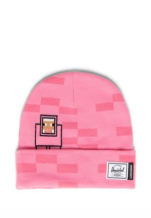 Gorro de punto rosa con diseño de personaje pixelado de Minecraft y etiqueta de la marca Herschel en el borde doblado.